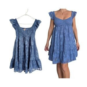 Blue Textured Smocked Babydoll Dress Small Ruffle Sleeve Boho Textured Mini Tier